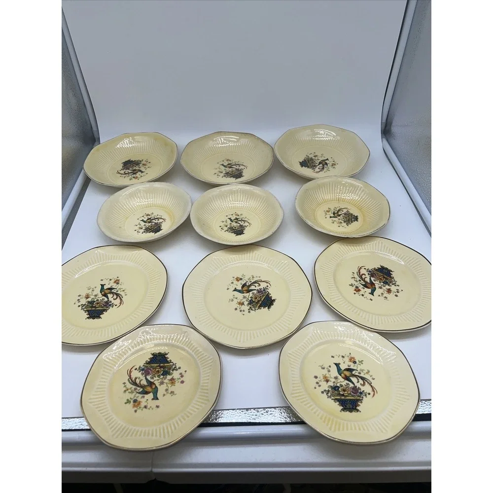 Lot Of 11 Antique Ivory Salem 1927 Yellow Plates & Bowl‎ Floral Bird of Paridise